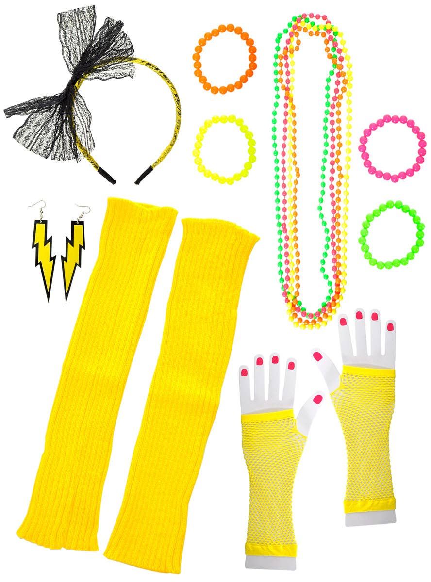 Bright Yellow 12 Piece 1980s Costume Accessory Set V1191-HC-ZT-04108