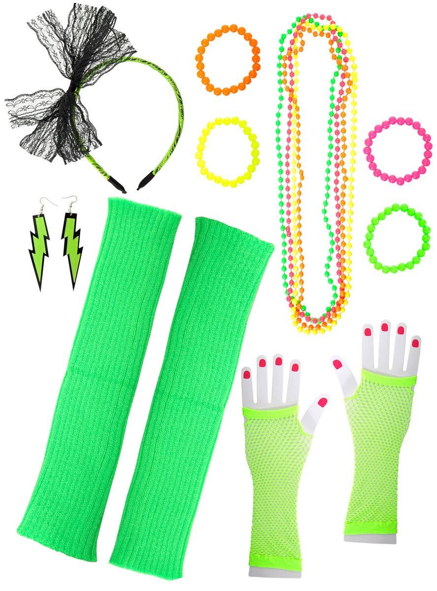 Neon Green 12 Piece 1980s Costume Accessory Set V1191-HC-ZT-04109