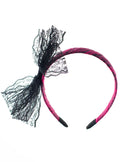 80s Neon Pink And Black Lace Costume Headband With Bow V1191-HC-ZT-04159