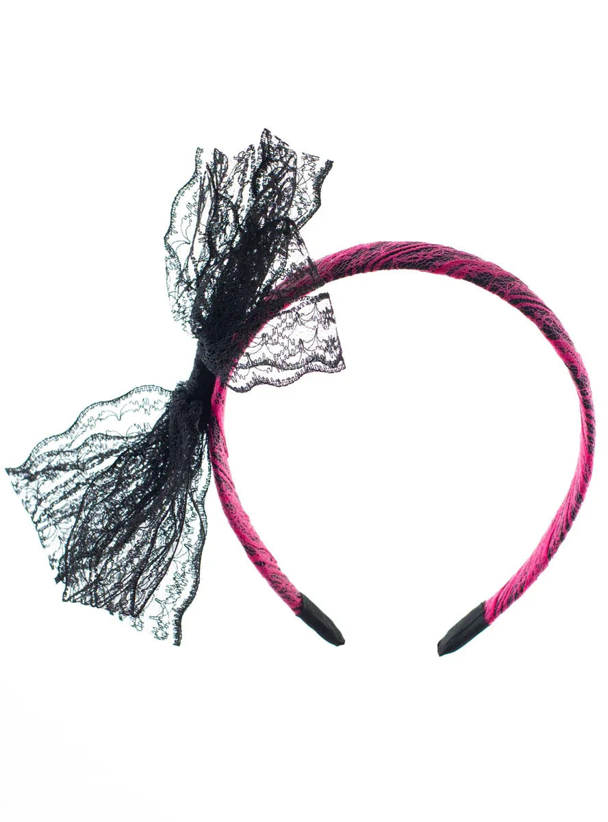 80s Neon Pink And Black Lace Costume Headband With Bow V1191-HC-ZT-04159