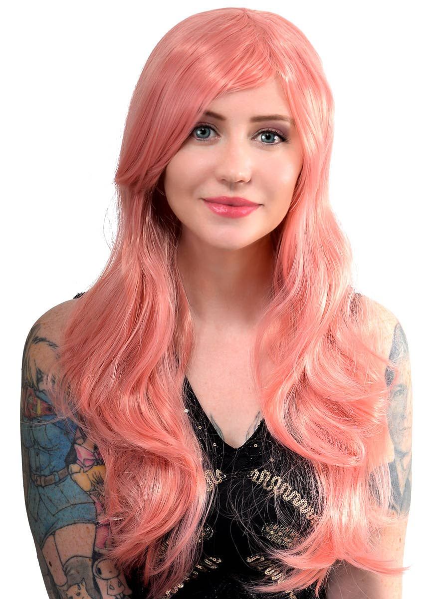 Katy Long Pastel Pink Wavy Womens Costume Wig with Side Fringe V1191-HC-ZT-05284-MCS005-2312