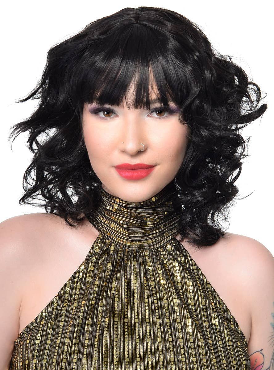 1970s Shag Style Womens Black Costume Wig with Fringe V1191-HC-ZT-05461