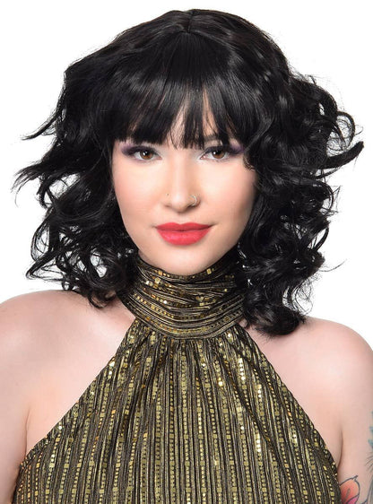 1970s Shag Style Womens Black Costume Wig with Fringe V1191-HC-ZT-05461