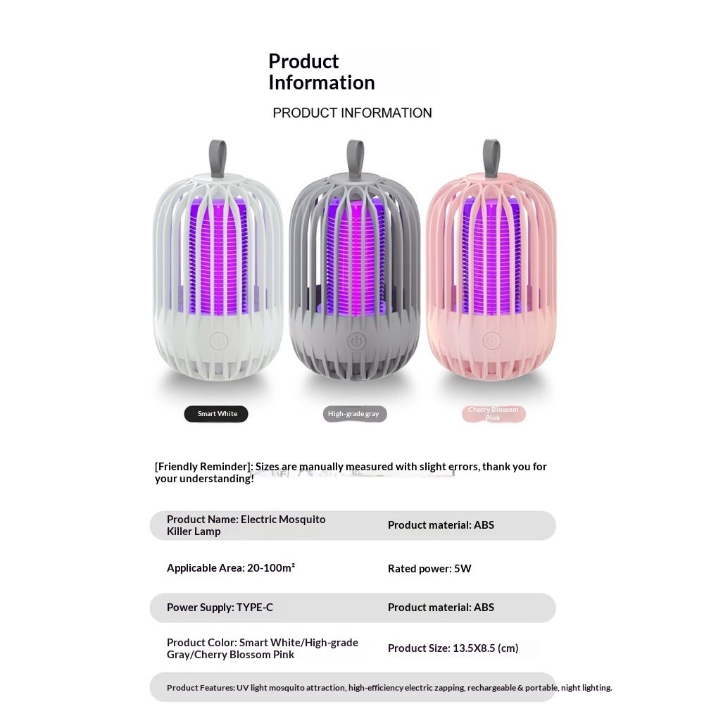 Indoor & Outdoor Rechargeable Fly Trap Mosquito Zapper with USB Power Supply, Powerful Electric Mosquito Trap V1192-AZ-W-0007