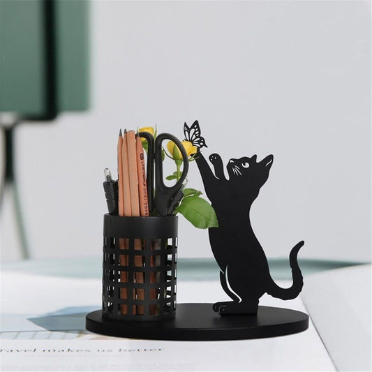 Cat Pen Holder for Desk Cute Black Cat Pencil Holder Metal Desk Accessories Organizer Makeup Brush Pen Cups V1192-AZ-W-0030