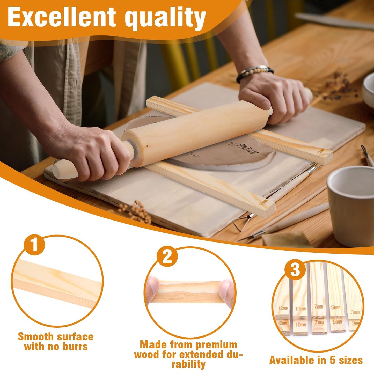 12 Pcs Pottery Tools Include 1 Wood Rolling Pin Sculpting Polymer Clay Tools 1 Portable Pottery Wedging V1192-AZ-W-0046
