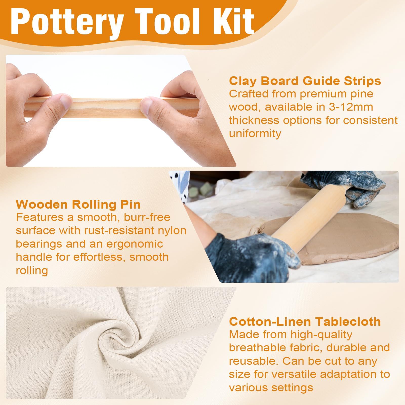12 Pcs Pottery Tools Include 1 Wood Rolling Pin Sculpting Polymer Clay Tools 1 Portable Pottery Wedging V1192-AZ-W-0046