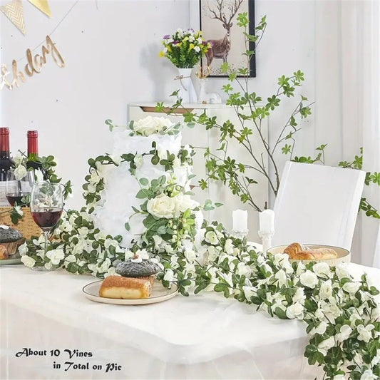 4Pcs Artificial Rose Vine Fake Flower Garland Fake Silk Rose Hanging Vine for Wedding Party Background Arch V1192-AZ-W-0051