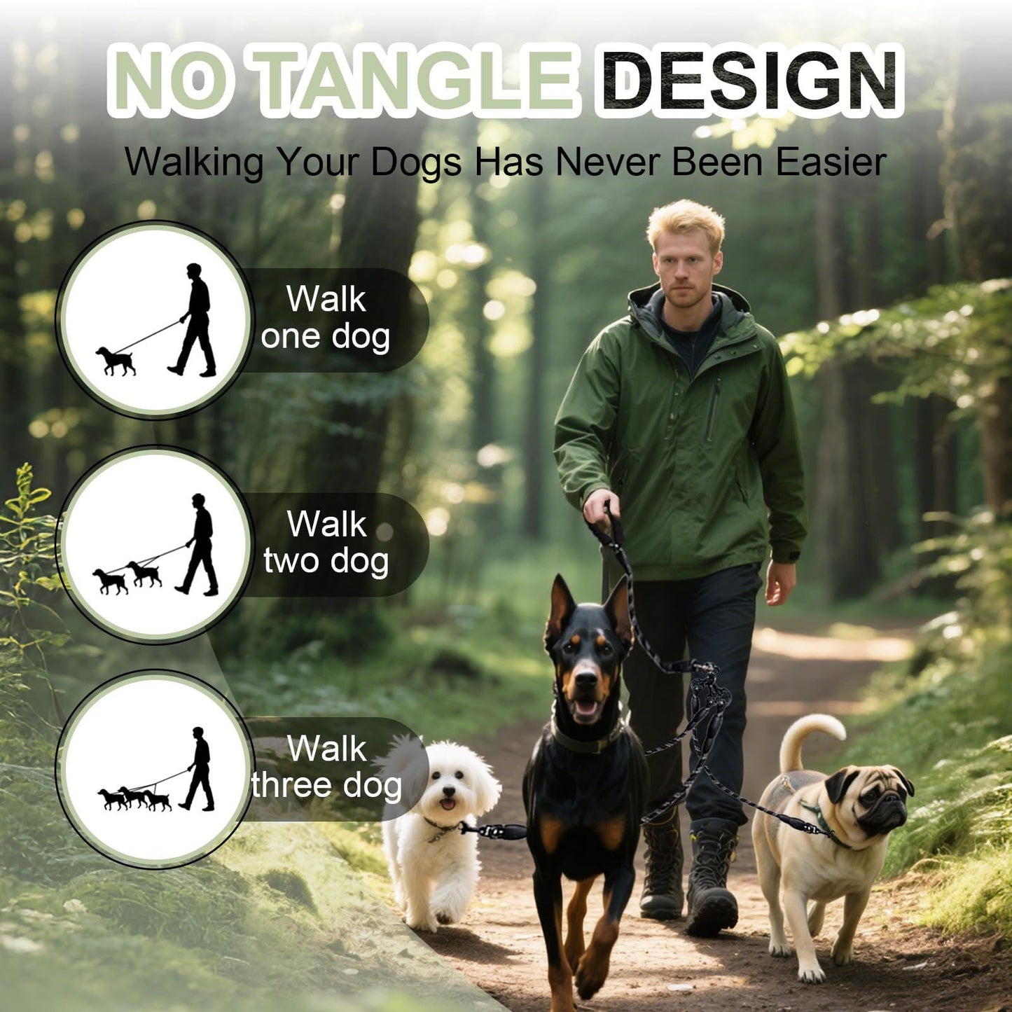 No Tangle 3 Dog - Main Lead Rope with Padded Handle, Three Detachable Leash Splitters, Heavy-Duty Clip, V1192-AZ-W-0085