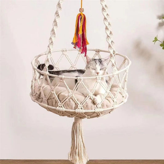 Cat Hammock with Cushion,Hanging Indoor Boho Kitten Swing Beds for Playing Sleeping Climbing and V1192-AZ-W-0086