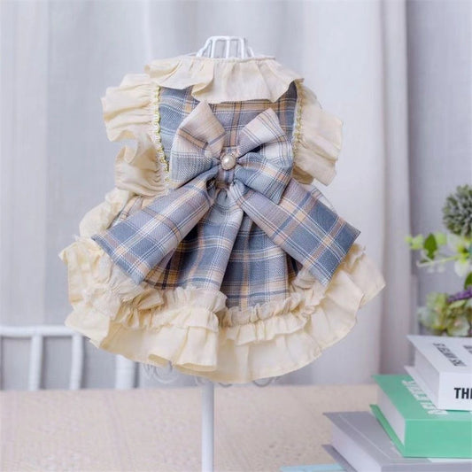 Sweety Plaids Printed Maid Dress polyester Tutu Doll Collar for Small, Extra Small Dog Teddy, Pug, Chihuahua, V1192-AZ-W-0100