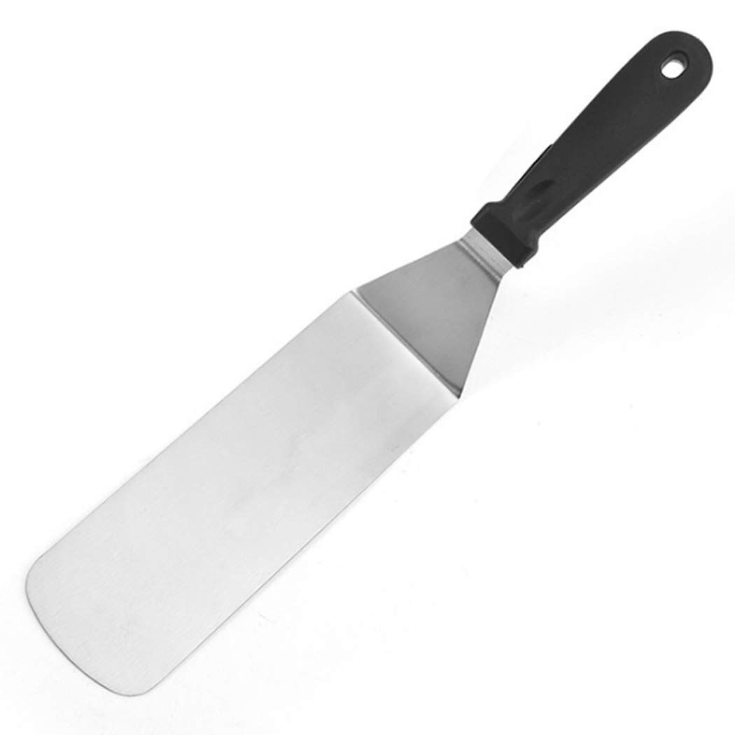 2 PCS Stainless Steel Dry Pan Teppanyaki, Slotted Spatula Handle Flexible Grill Turner/Spatula Black Plastic V1192-AZ-W-0102