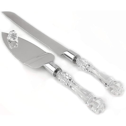 2 set Elegant Cake Knife and Server Set Stainless Steel with Crystal Handle - Perfect for Weddings V1192-AZ-W-0103