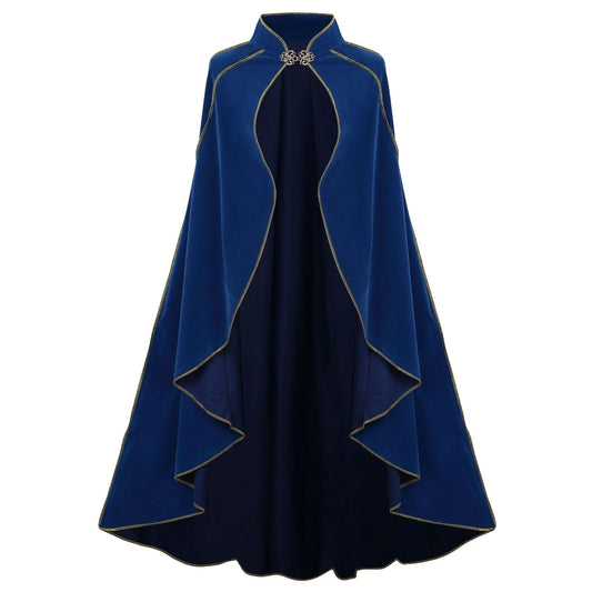 Women's Medieval Cloak Stand Collar Deluxe Velvet Gold Trim Cape for Adult(110cm blue)Renaissance Cloak with V1192-AZ-W-0130