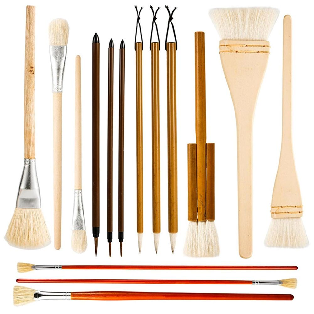 Pottery Brushes for Glazing, 15 Pcs Ceramic Brush Set With Storage Box, Wool Bamboon for Pottery, Acrylic, V1192-AZ-W-0168