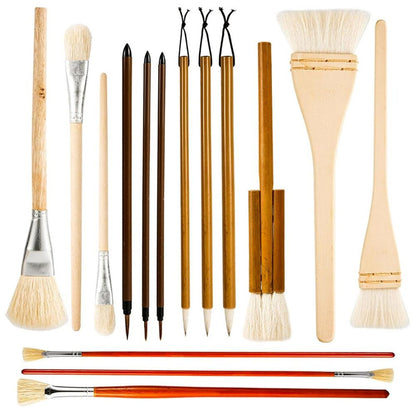 Pottery Brushes for Glazing, 15 Pcs Ceramic Brush Set With Storage Box, Wool Bamboon for Pottery, Acrylic, V1192-AZ-W-0168