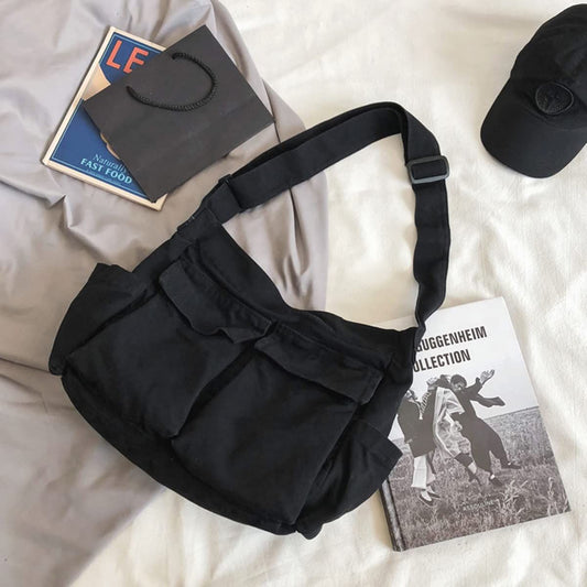 Aesthetic Cute Messenger Bag for School Vintage Black Canvas Crossbody for Women Shoulder Laptop Bag V1192-AZ-W-0178
