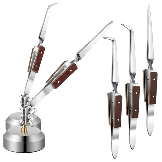 5 Pcs Soldering Tweezers Set 3 Pcs Cross Lock Solder Tweezer 2 Pcs Jewelry Third Hand Tools with Base 360 V1192-AZ-W-0180