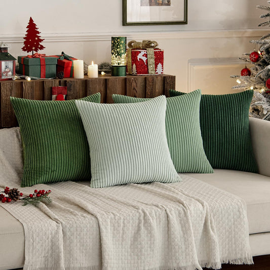 Boho Farmhouse Sage Green Throw Pillow Covers 18x18 Inch Set of 4 Mordern Nordic Cushion Covers Soft Corduroy V1192-AZ-W-0210
