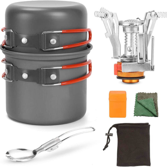 6pcs Camping Cookware Mess Kit with Lightweight Pot, Stove,Carry Mesh Bag, Great for Backpacking Outdoor V1192-AZ-W-0221