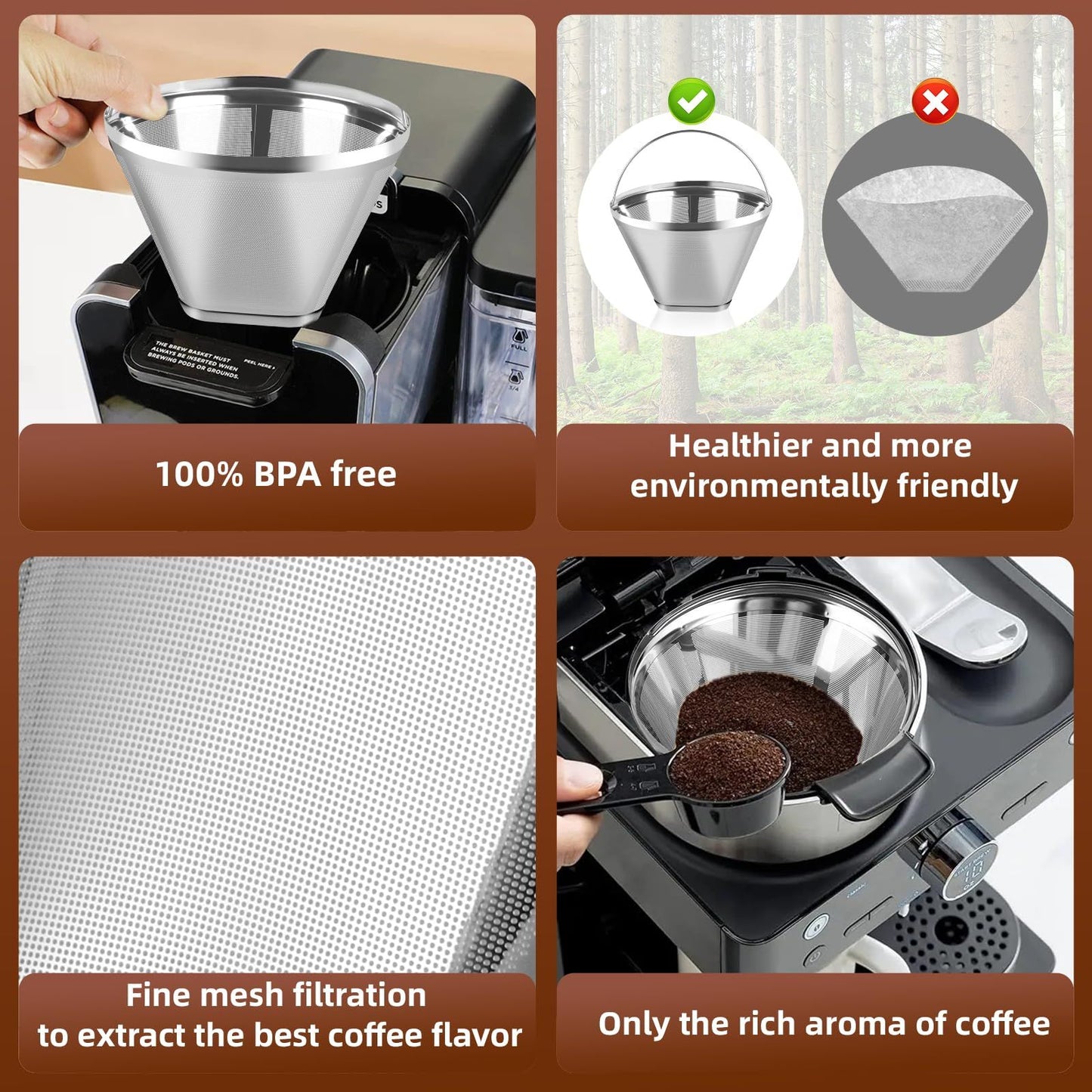 Reusable Cone Coffee Filters 304 Stainless Steel Coffee Filter, Filter Coffee Maker, 2Pcs Permanent Cone V1192-AZ-W-0222