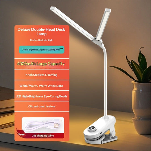 Dual Head LED Desk Lamp with Clamp, Eye-Caring Clip on Lights for Home Office, 4000mAh Rechargeable Battery V1192-AZ-W-0276