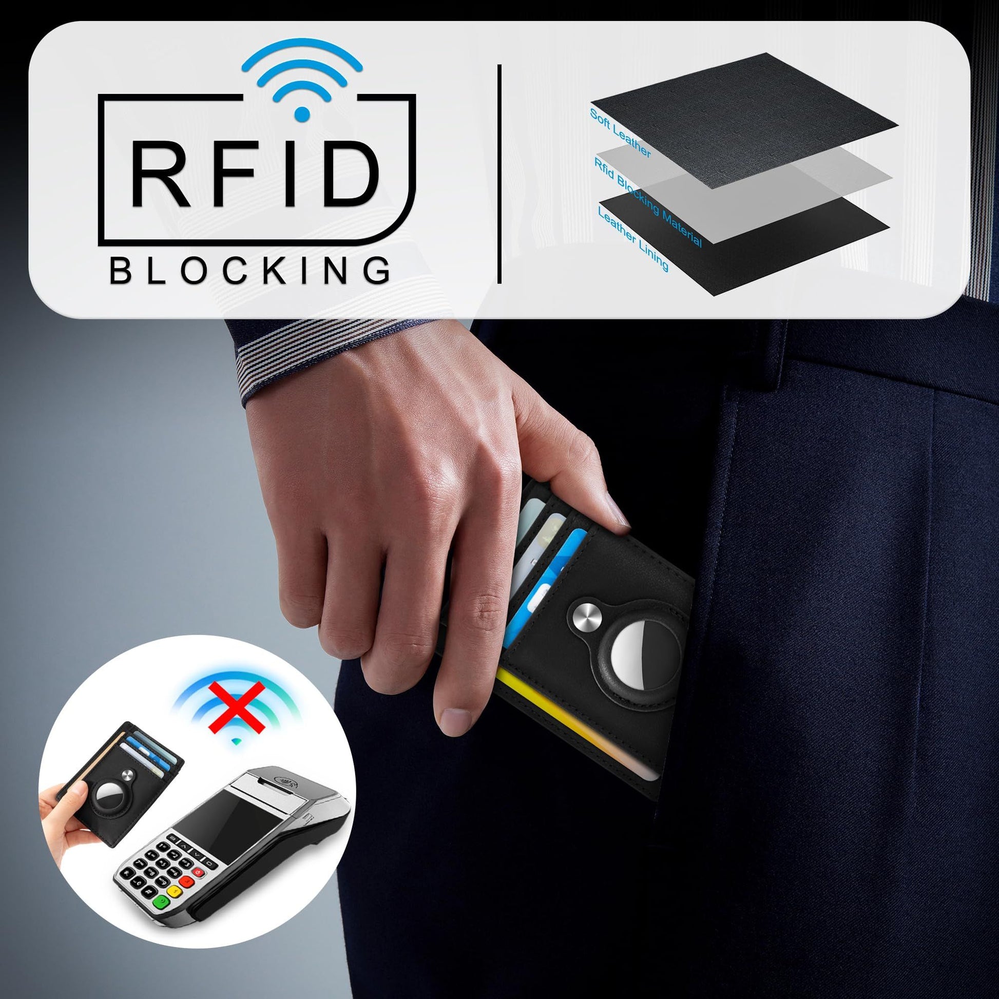 Slim Minimalist Front Pocket Air Tag Wallet, RFID Blocking Card Holder Wallet with Airtag Holder Anti theft V1192-AZ-W-0317