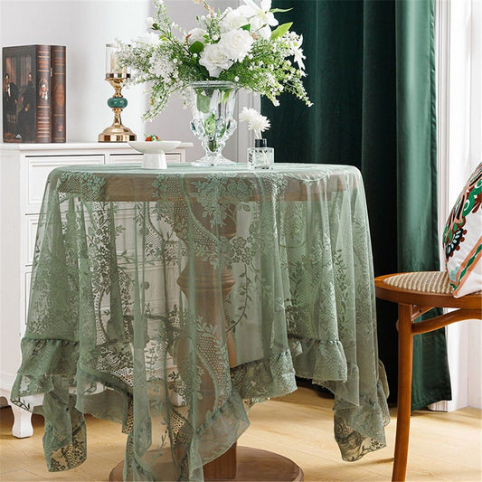 Green Floral Embroidered Lace Square Tablecloth 55"x55" Vintage Table Cover (Green, 55"x55", Square) V1192-AZ-W-0338