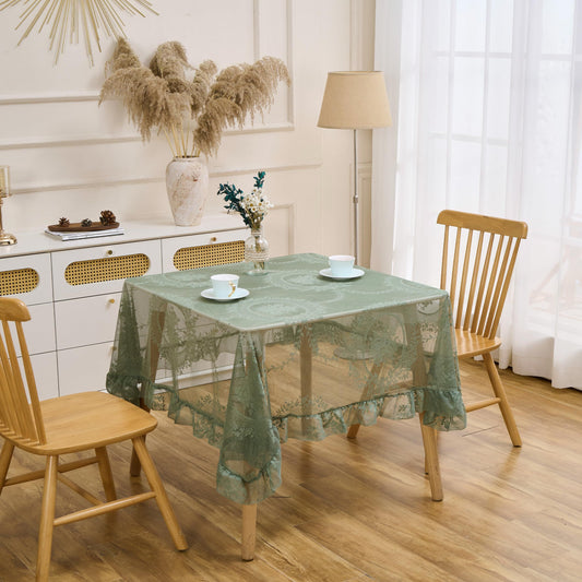 Green Floral Embroidered Lace Square Tablecloth 55"x55" Vintage Table Cover (Green, 55"x55", Square) V1192-AZ-W-0338