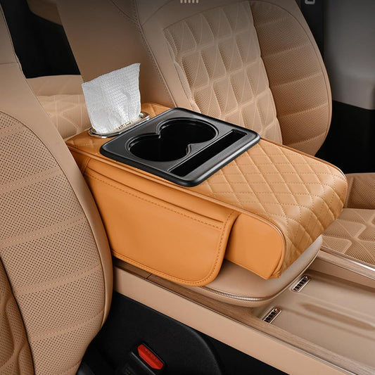Car Center Console Armrest Pillow, Memory Foam Auto Armrest Box Cover with Cup Holder & Phone Holder, V1192-AZ-W-0349