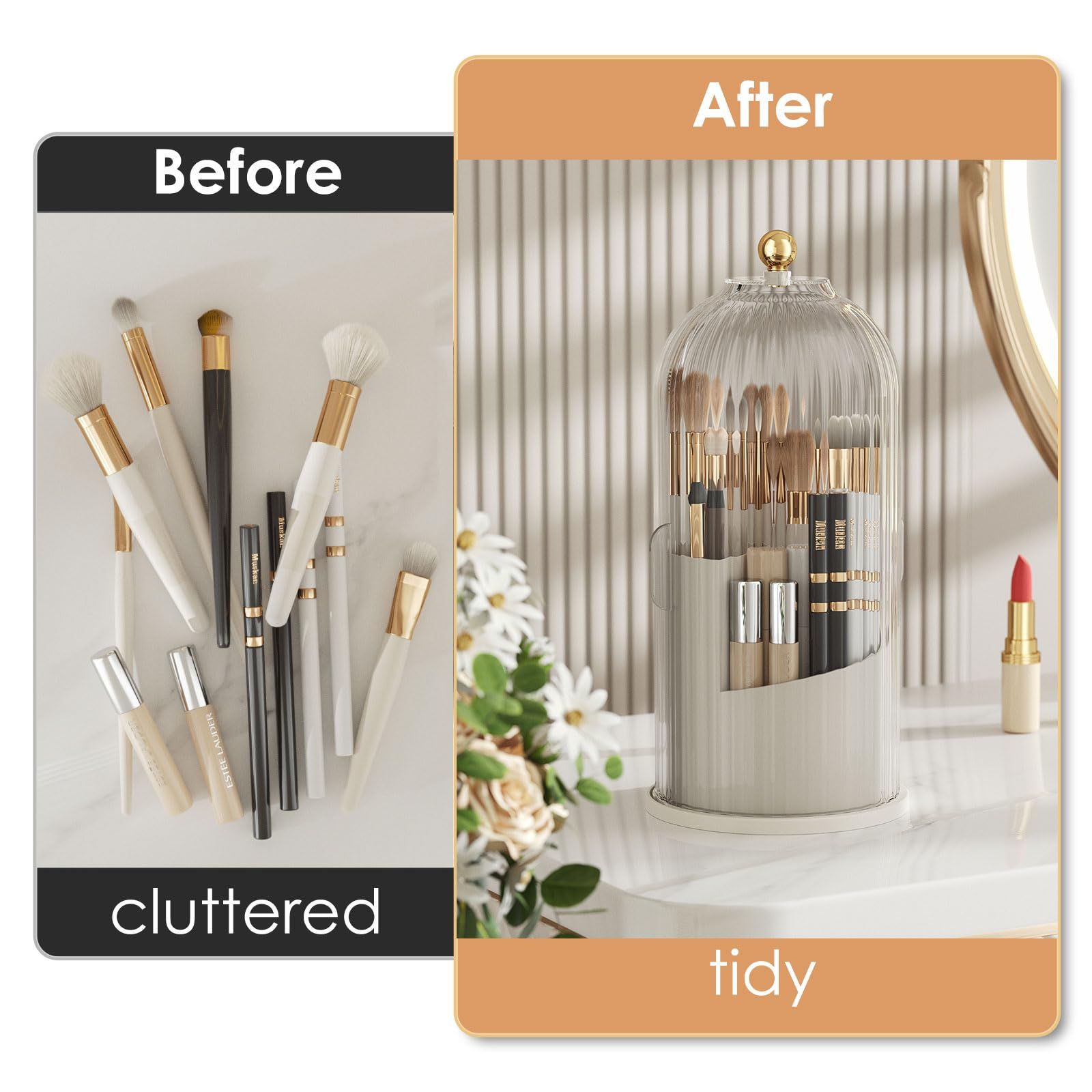 Makeup Brush Holder with Lid 360 Rotating Clear Dustproof Make Up Organizers for Vanity Bathroom Countertop, V1192-AZ-W-0357