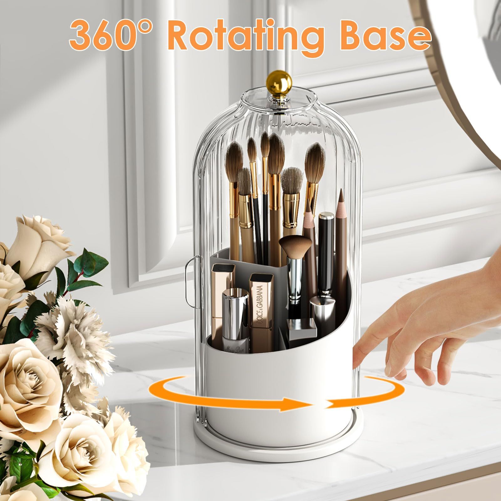 Makeup Brush Holder with Lid 360 Rotating Clear Dustproof Make Up Organizers for Vanity Bathroom Countertop, V1192-AZ-W-0357
