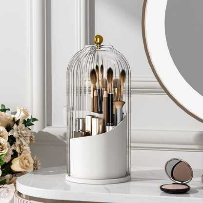Makeup Brush Holder with Lid 360 Rotating Clear Dustproof Make Up Organizers for Vanity Bathroom Countertop, V1192-AZ-W-0357