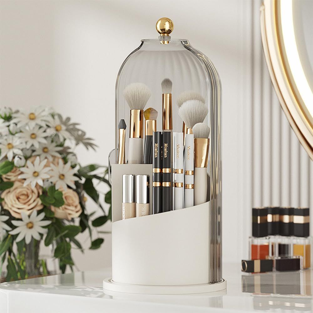 Makeup Brush Holder with Lid 360 Rotating Clear Dustproof Make Up Organizers for Vanity Bathroom Countertop, V1192-AZ-W-0357