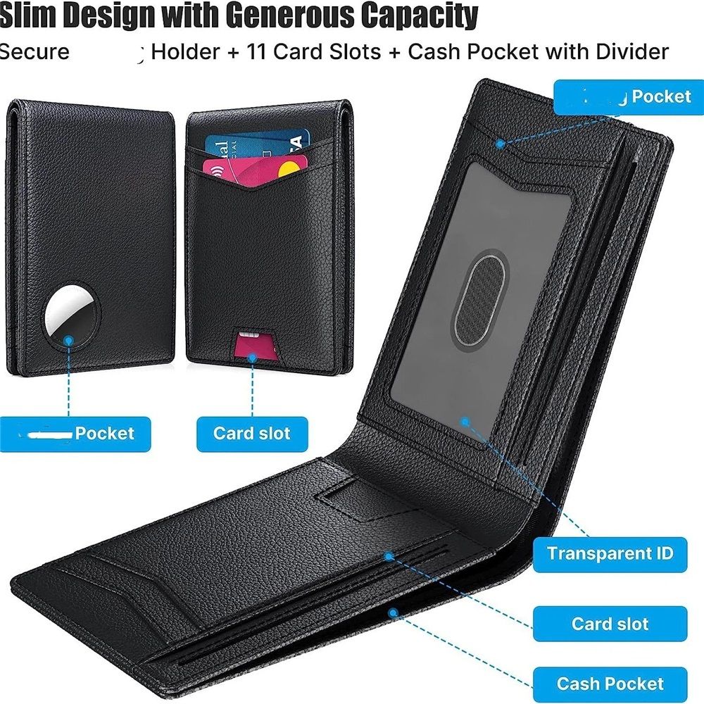 Mens Leather Wallet, Slim, RFID Blocking - Card Capacity | Bill Divider | ID Window (Black, only one bag) V1192-AZ-W-0383