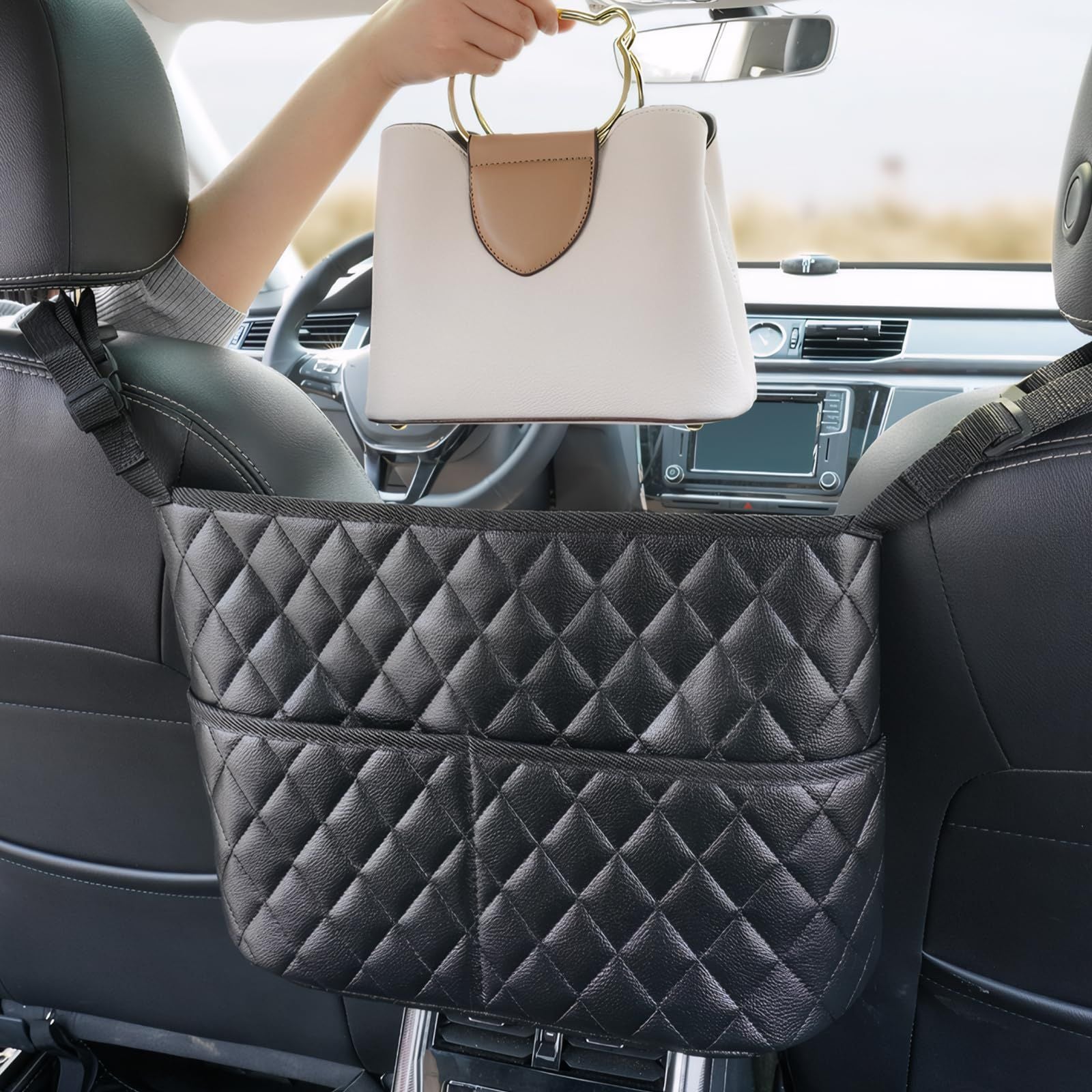 Car Net Pocket Handbag Holder Between Seats, Luxury Quilted Purse Car Organizer With 2 Extra Pockets For V1192-AZ-W-0393