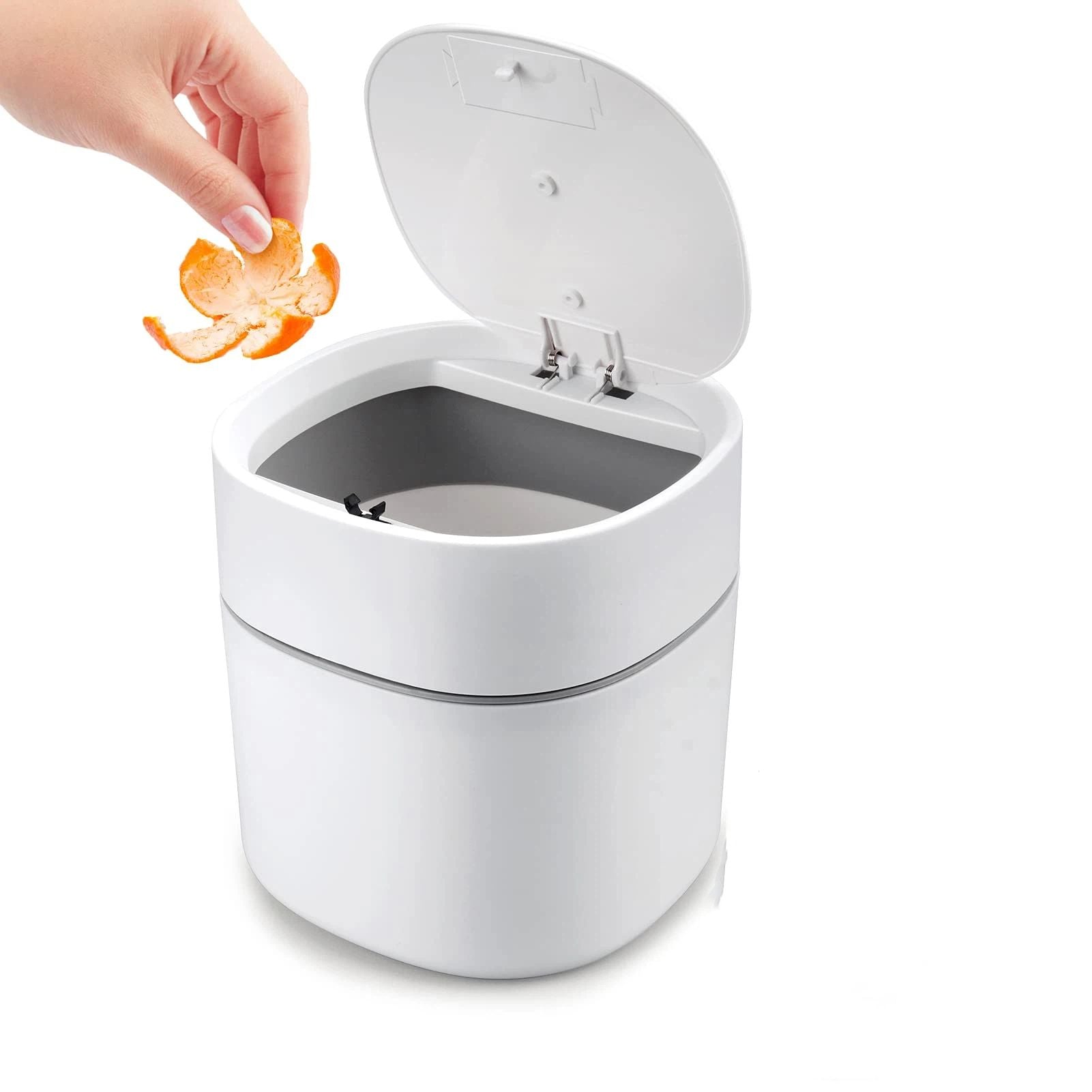 Mini Desk Trash Can with Lid, Press-Top Tiny Countertop Waste Basket Small Table Top Plastic Covered Garbage V1192-AZ-W-0430