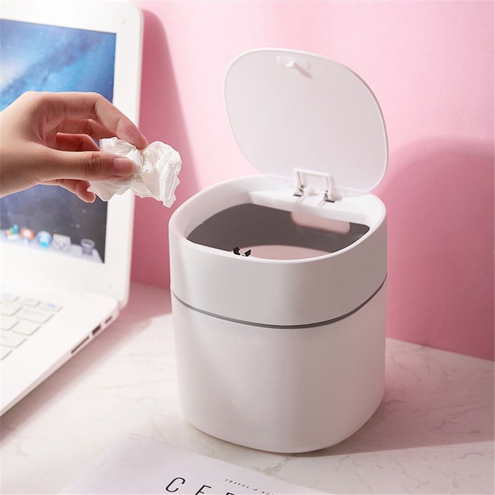 Mini Desk Trash Can with Lid, Press-Top Tiny Countertop Waste Basket Small Table Top Plastic Covered Garbage V1192-AZ-W-0430