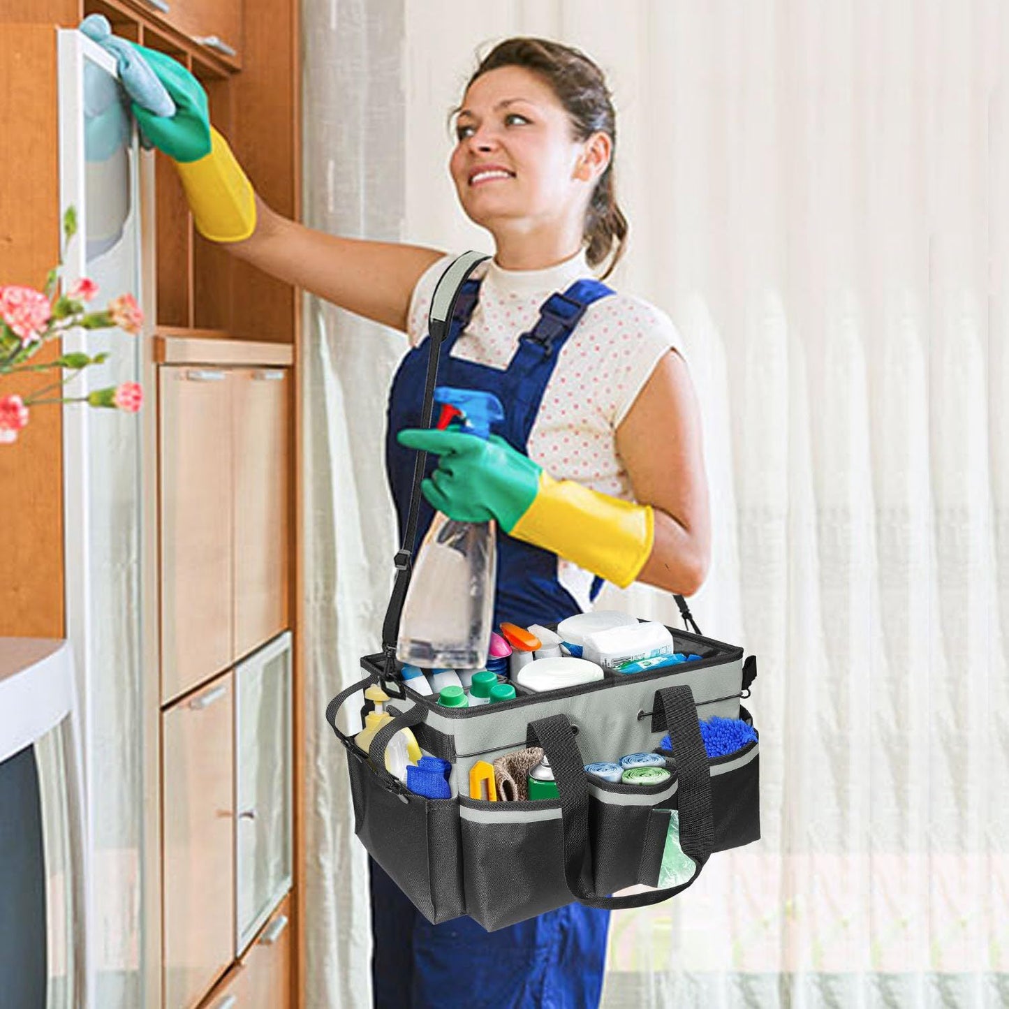 Wearable Cleaning Caddy, Cleaning Caddy Supplies Organizer with Handle & Shoulder Straps for Housekeepers, V1192-AZ-W-0468