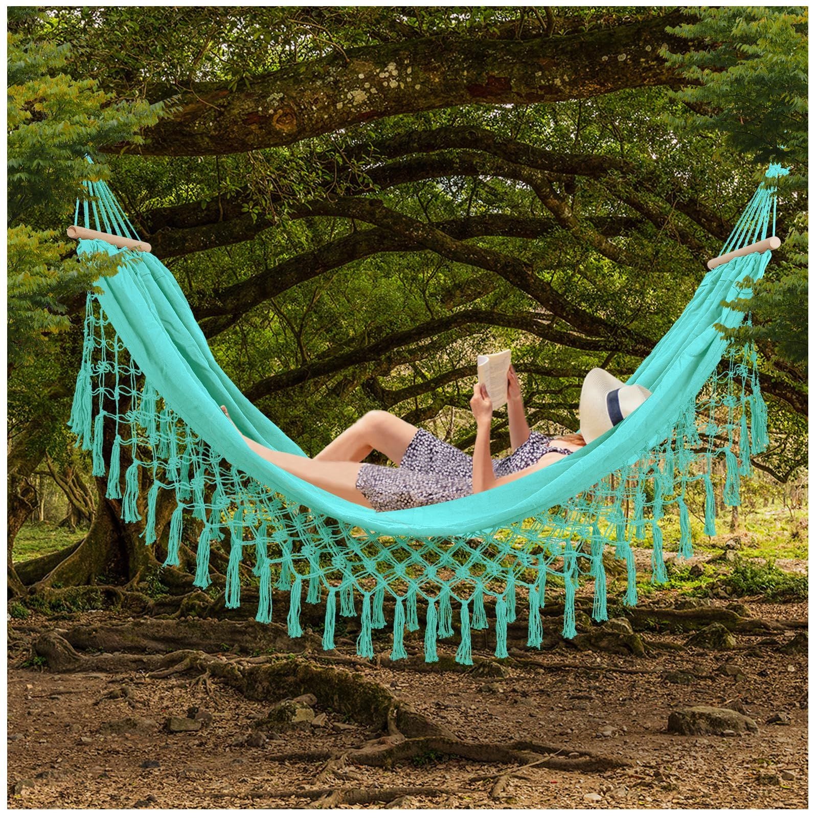 Beautiful Boho Style Hammock -Camping, Portable 2 Person Hammock, for Suitable for Backpacking, Patio, Beach, V1192-AZ-W-0473