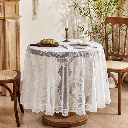 Vintage White Lace Tablecloth for Wedding Party Banquet Farmhouse Floral Embroidered Round Table Cover for V1192-AZ-W-0476