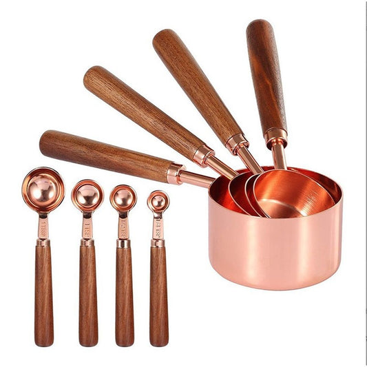 Copper Stainless Steel Measuring Cups and Spoons Set of 8, Wooden Handle Metric Cups and Spoons for cooking V1192-AZ-W-0493