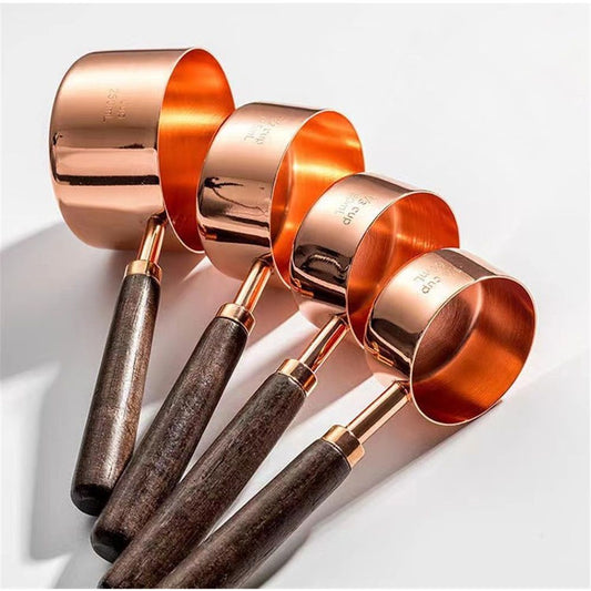 Copper Stainless Steel Measuring Cups and Spoons Set of 8, Wooden Handle Metric Cups and Spoons for cooking V1192-AZ-W-0493