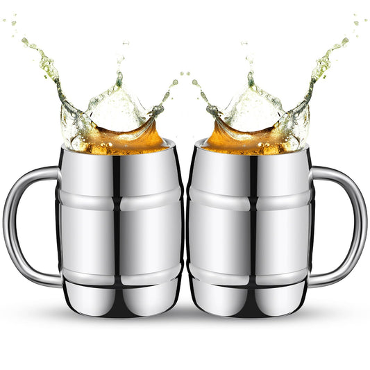 2 Pcs 304 Stainless Steel Barrels Mugs 16 oz Double Wall Coffee Cup Beer Cup with Handle for Party Travel V1192-AZ-W-0500