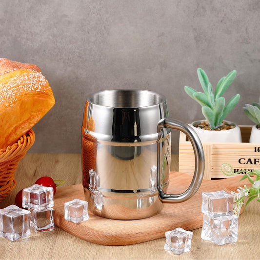 2 Pcs 304 Stainless Steel Barrels Mugs 16 oz Double Wall Coffee Cup Beer Cup with Handle for Party Travel V1192-AZ-W-0500