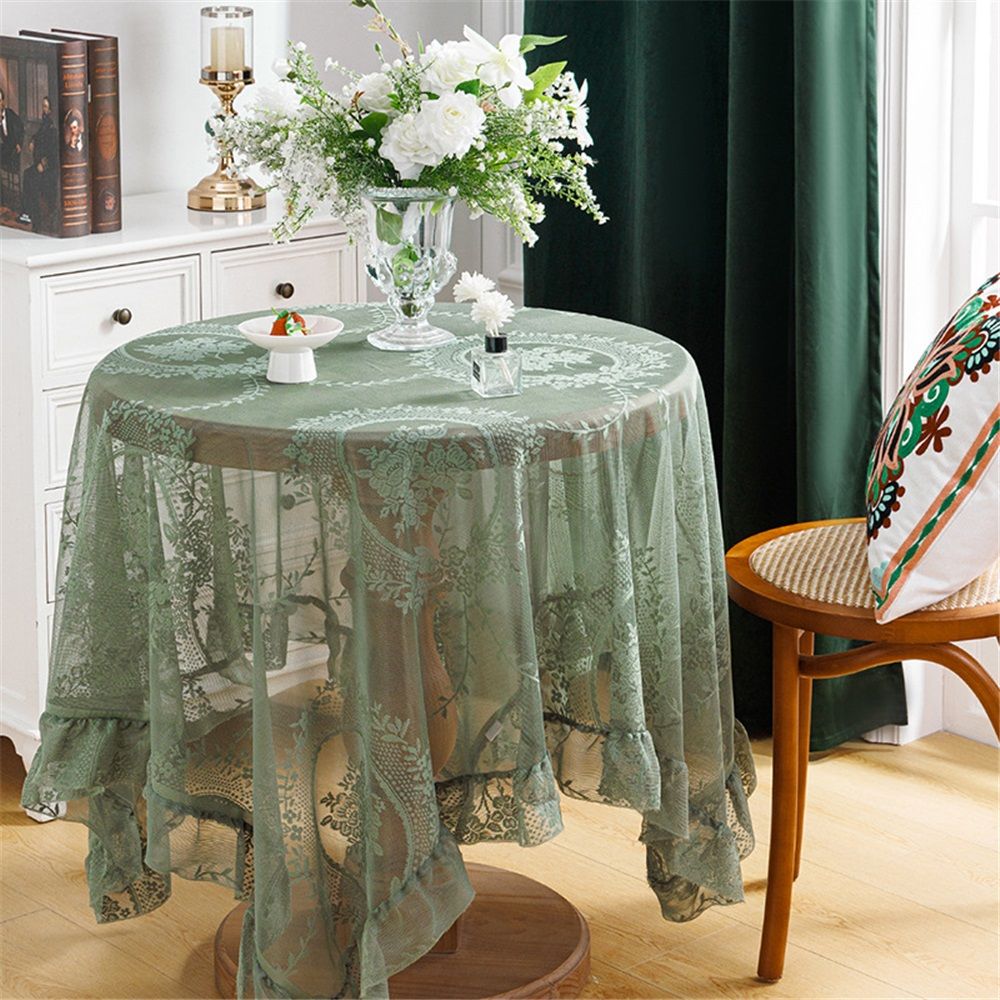 Green lace square flower tablecloth, chic and elegant covered pleated tablecloth, embroidered tablecloth V1192-AZ-W-0512