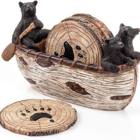 Bear Coasters Set of 6 Full Size Rustic Coasters in Handmade Canoe with Adorable Black Bear Figurines | Black V1192-AZ-W-0627