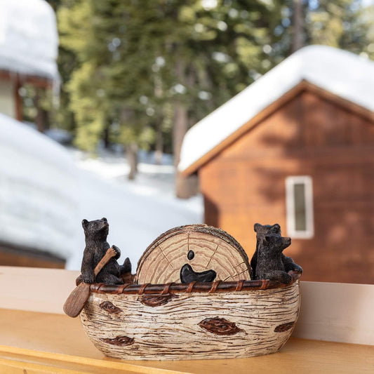 Bear Coasters Set of 6 Full Size Rustic Coasters in Handmade Canoe with Adorable Black Bear Figurines | Black V1192-AZ-W-0627