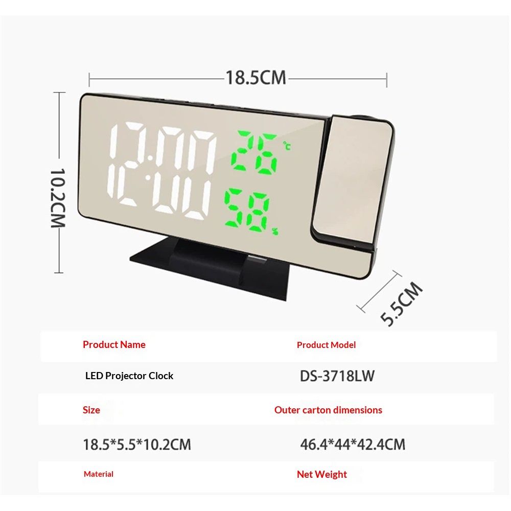 Digital Projection Alarm Clock with Temperature and Humidity Display, white LED Display, The Projection That V1192-AZ-W-0653