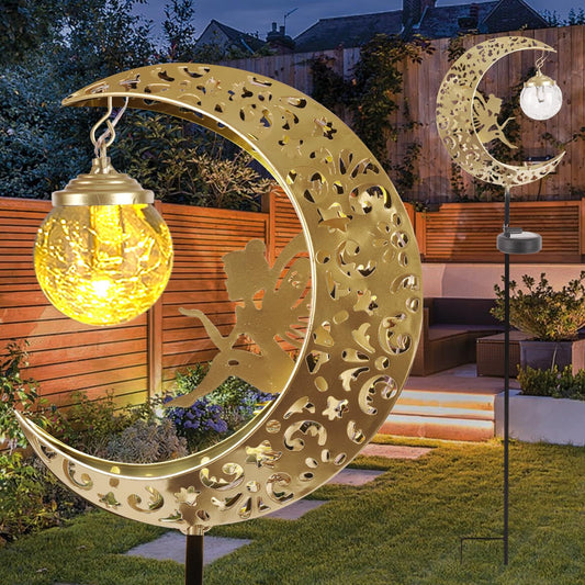 Solar Lights Outdoor Waterproof Fairy Moon Crackle Glass Lights with Metal Angel Decor for Walkway Yard Patio V1192-AZ-W-0655